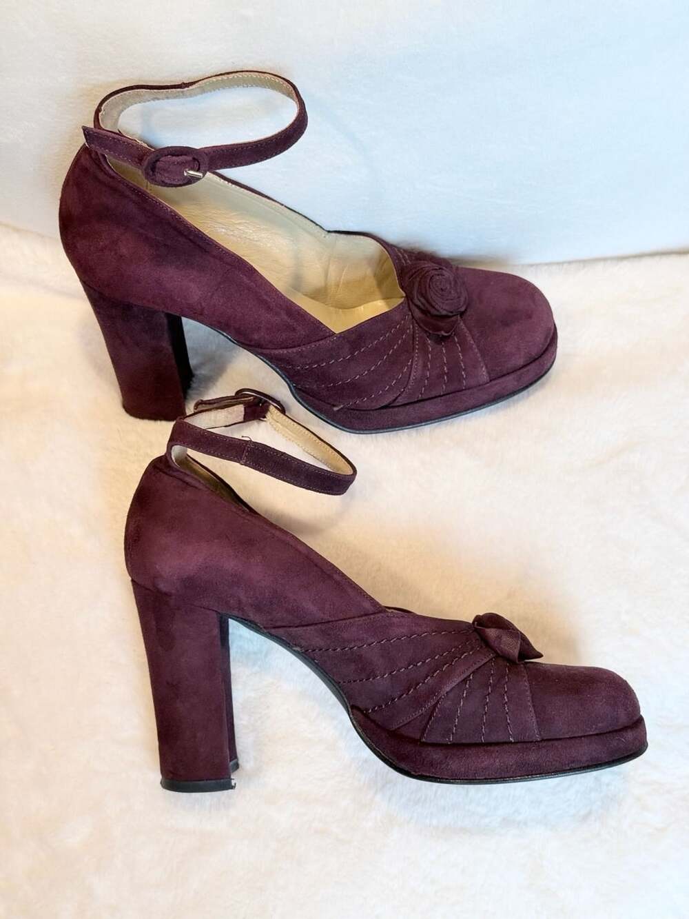 Carlo Valentini Pumps Size 37 Burgundy Suede Flower Slingback Heels
